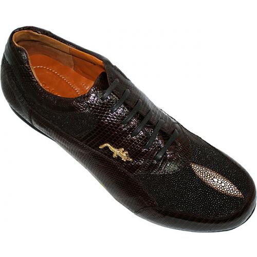 Belvedere "Polo" Brown Genuine Stingray/Lizard Sneakers With Silver Crocodile On The Side